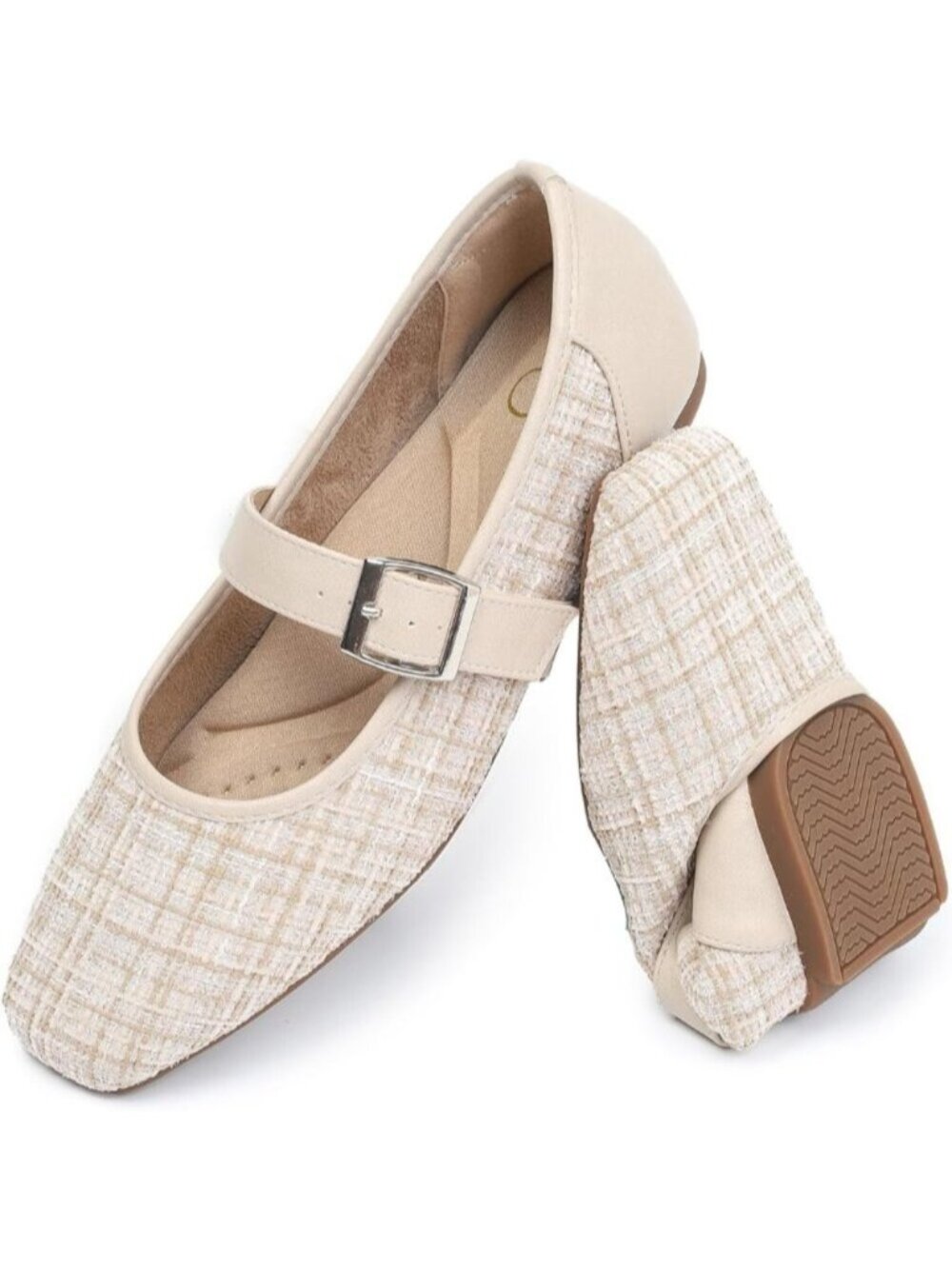 Women's Beige Tweed Mary Jane Square Toe Ballet Flat With Adjustable Strap Shoes